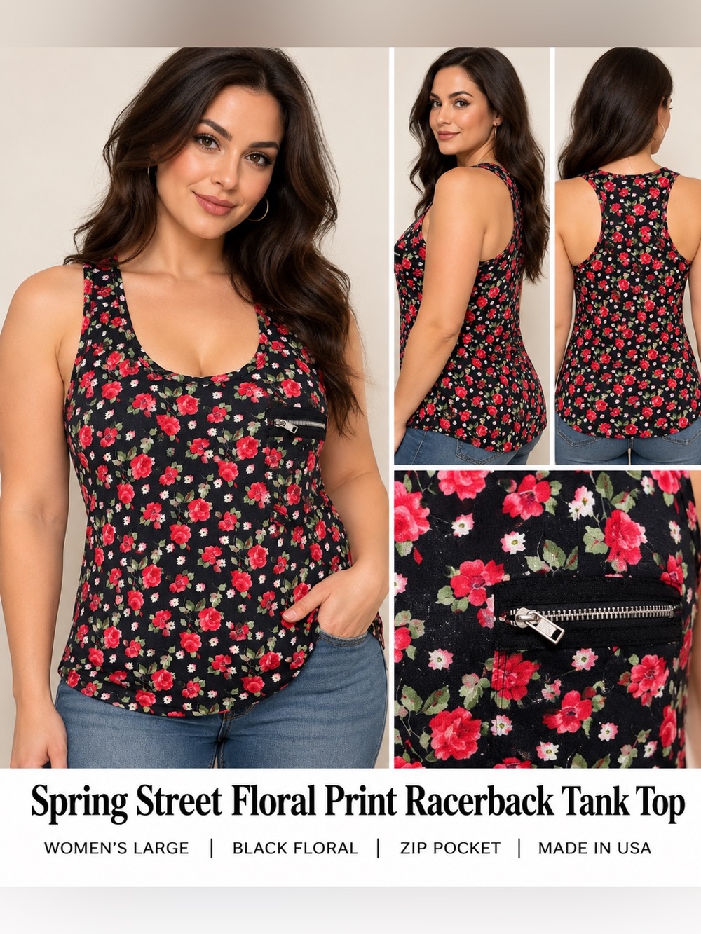 Spring Street Black Floral Zip-Pocket Racerback Tank